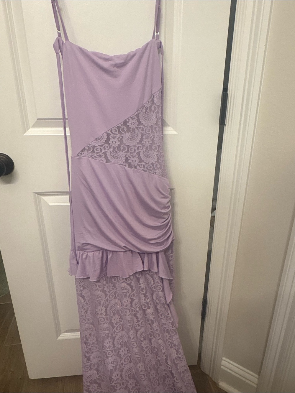 Peppermayo Lavender Lace Maxi Dress with Ruffle Detail